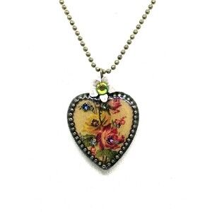Michal Negrin Romantic Heart Rose Pendant Chain Necklace Swarovski Crystals